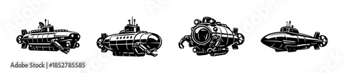 Submarines collection, ocean exploration, underwater vessels, flat vector illustration