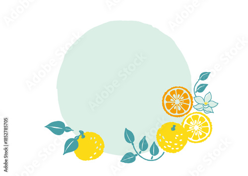 レトロ風のシンプルでポップな柚子のイラスト　丸いフレーム