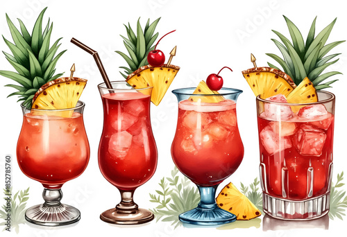 Cherry cocktails filled with ice are arranged in tall glasses, each topped with a fresh cherry and mint. Realistic illustration perfect for summer drink menus or recipes.