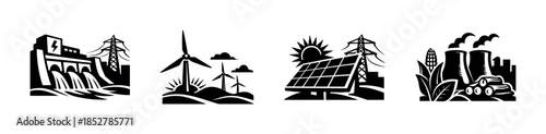 Renewable energy sources, wind, solar, hydro in flat vector illustration