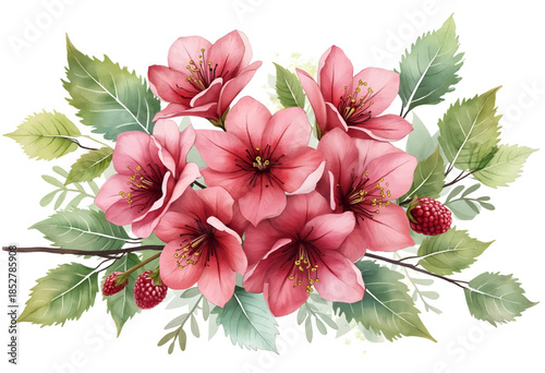 A cluster of vibrant pink flowers featuring delicate petals and green leaves, complemented by clusters of raspberries for a striking natural arrangement that exudes beauty.