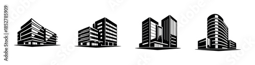 Modern office building collection, sleek designs, architecture, flat vector illustration