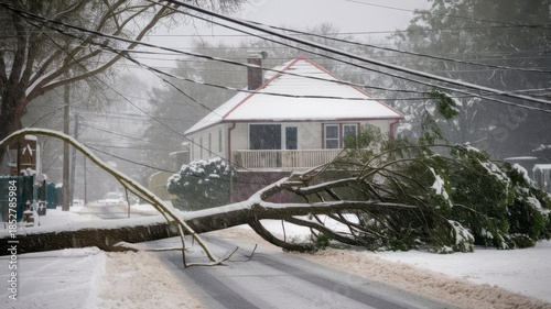 Snow-covered suburban street with a fallen tree, power lines down, and a house surrounded by snow in a heavy winter storm