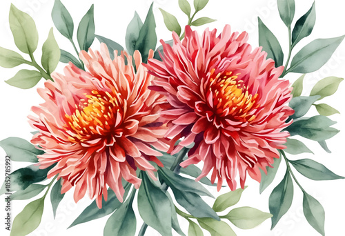 Two exquisite pink chrysanthemums with detailed petals are surrounded by lush green leaves, showcasing the beauty of nature in a watercolor artwork. The colors blend harmoniously.