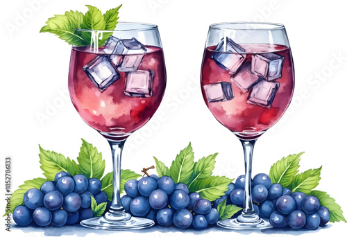 Refreshing summer drinks made with grapes and served in elegant glasses with ice and mint garnish