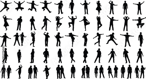 Large set of children silhouettes, energetic boys and girls dancing, jumping and standing, vector illustration isolated on white background, happy kids collection