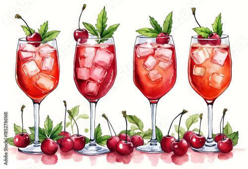 Cherry cocktails filled with ice are arranged in tall glasses, each topped with a fresh cherry and mint. Realistic illustration perfect for summer drink menus or recipes.