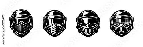 Motorcycle helmets set, protective headgear, flat vector illustration, racing gear