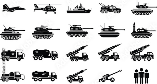 Large set of military and warfare black silhouette icons, including tanks, planes, helicopters, trucks, and artillery, vector collection for defense or security designs.