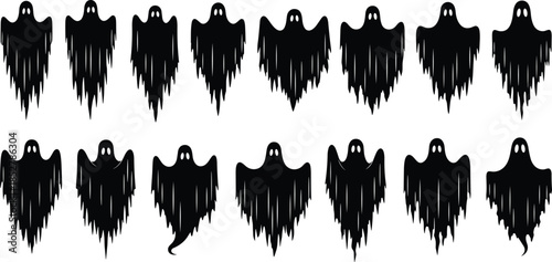 Large set of spooky Halloween ghost silhouettes vector collection, scary, horror, and flying phantom icons with dripping, ragged bottoms, supernatural evil spirit character design elements.