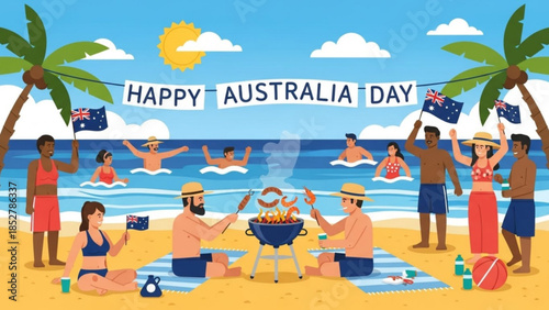 Happy Australia Day celebration on a sunny beach with people enjoying a barbecue and swimming featuring palm trees and Australian flags