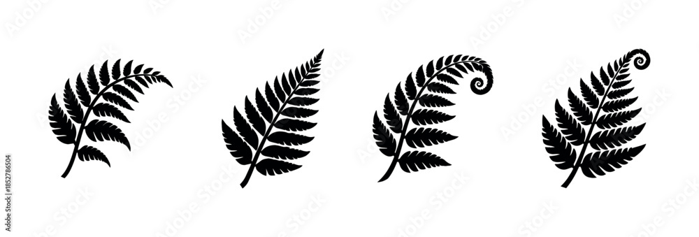 Obraz premium Fern leaves vector illustration, botanical foliage, flat vector style silhouettes