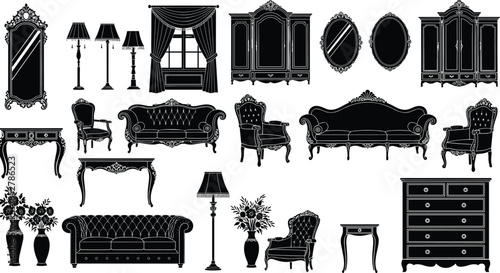Luxurious Victorian and Baroque Style Furniture Silhouettes, Elegant Rococo Home Decor, Antique Classic Drawing Room Collection, Vintage Decorative Vector Illustrations Set