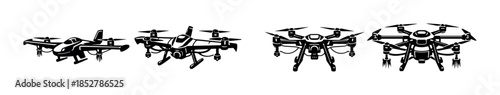 Drone designs, quadcopter, multicopter, flat vector illustration in silhouette style