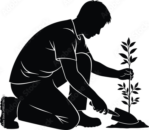 Man planting a tree sapling silhouette vector illustration, kneeling down with a trowel, focused on environmental conservation, representing gardening, sustainability, and nature care action.