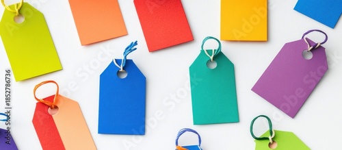 Wallpaper Mural Blank colorful paper tags with strings arranged on a white background, ideal for pricing, gifts, and promotions. Torontodigital.ca