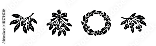 Mistletoe arrangements, wreaths and berries, flat vector illustration