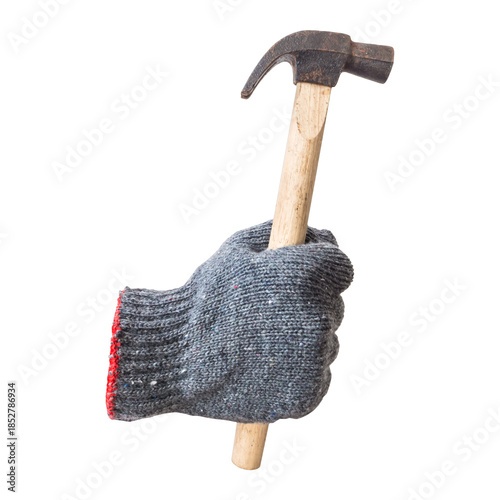 worker hand with glove holding rustic hammer isolated