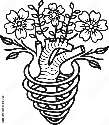 Floral anatomical heart illustration blooming flowers growing from human heart with intertwining vines, romantic surreal botanical line art