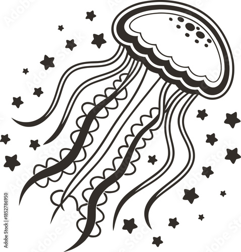 Jellyfish with decorative tentacles and floating stars marine medusa silhouette, whimsical underwater life, abstract ocean fantasy illustration