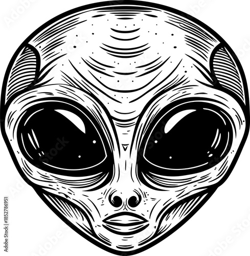 Alien head illustration with large eyes and detailed linework, extraterrestrial face icon in monochrome black and white graphic
