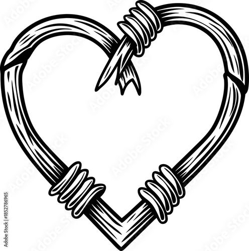 Barbed wire heart symbol rough metal heart shape, love and pain contrast, edgy romantic emblem, rebellious emotional concept illustration