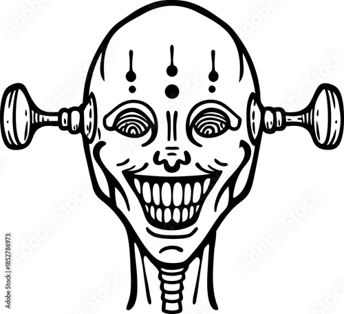 surreal mechanical skull with screws and eerie grin creepy cyborg head with hypnotic eyes, horror illustration, futuristic nightmare