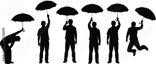Man with umbrella silhouette set in various poses, person holding parasol for rain protection, feeling happy, isolated black vector illustration