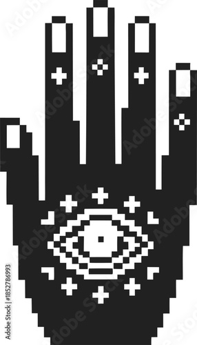 pixel art mystic hand with central eye and magical symbols, occult digital icon for esoteric protection and spiritual insight