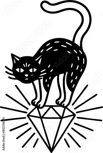 Black cat standing on sparkling diamond gemstone, mystical luck and superstition symbol in minimalist monochrome design