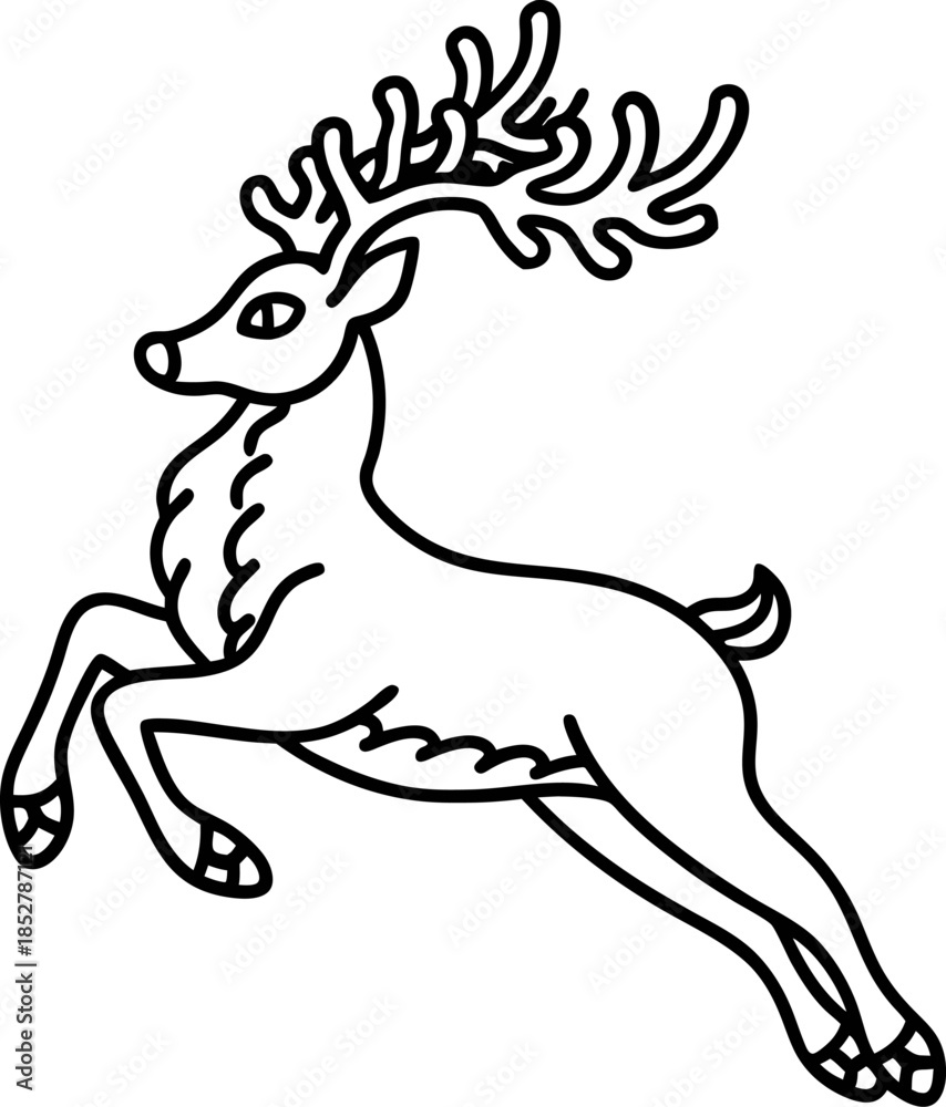Fototapeta premium Jumping reindeer outline leaping stag line art illustration with antlers simple winter animal symbol for seasonal design