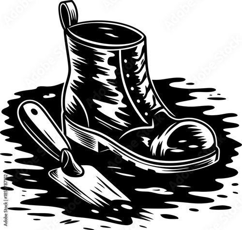 Sturdy work boot and masonry trowel in puddle of mud construction footwear, tradesman tools, rugged labor industry concept