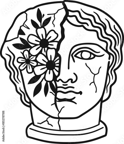 Classical cracked statue head with flowers blooming from broken face, ancient sculpture line art, floral surreal illustration