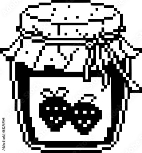 Pixel art strawberry jam jar icon with fruit label retro black and white glass container illustration for vintage game design