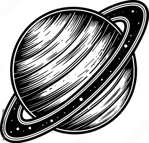Saturn ringed planet illustration hand drawn monochrome celestial sphere with orbiting ring, vintage space astronomy design