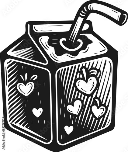 carton juice box with straw and doodle hearts hand drawn black and white beverage container illustration, playful romantic drink design