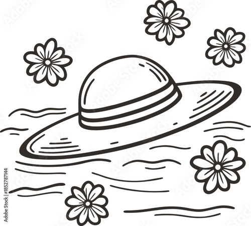 Floral summer hat floating on water hand drawn outline of wide brim beach accessory with decorative flowers in simple line art