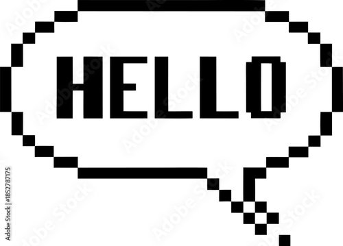 Pixel art speech bubble with hello text retro 8 bit chat message icon, minimalist black and white communication symbol