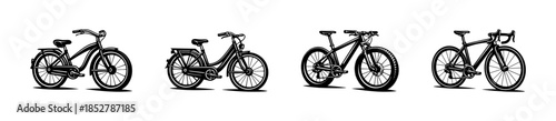 Bicycle collection, road, mountain, and urban bikes, flat vector illustration