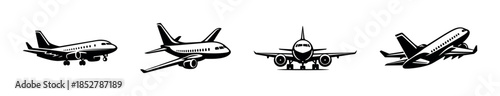 Airplane vector illustration set, commercial aircraft, jet, flat vector style