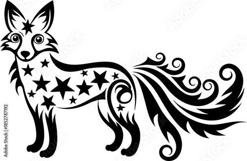 decorative star patterned fox silhouette stylized black tribal animal illustration with ornate tails and whimsical fantasy design
