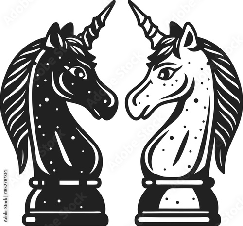 Unicorn chess knights facing each other black and white fantasy horse pieces, stylized magical design, mythical strategic game concept