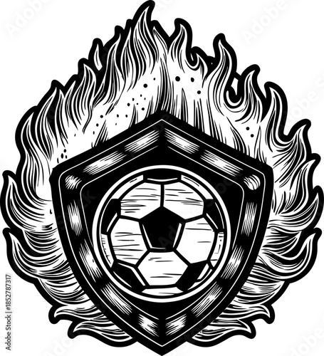 Flaming shield with soccer ball emblem burning fire frame around vintage football symbol, aggressive sports club logo design