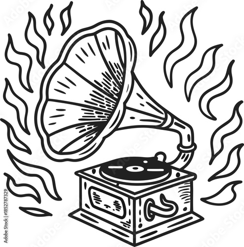 vintage gramophone illustration with ornate horn and vinyl record player emitting swirling musical sound waves