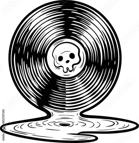 Melting vinyl record with skull label symbolizing decay and mortality, dripping grooves forming liquid puddle, dark retro music concept