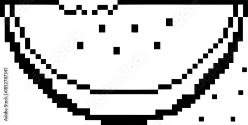 Pixel watermelon slice icon with seeds minimal black and white summer fruit illustration, retro 8 bit digital graphic design