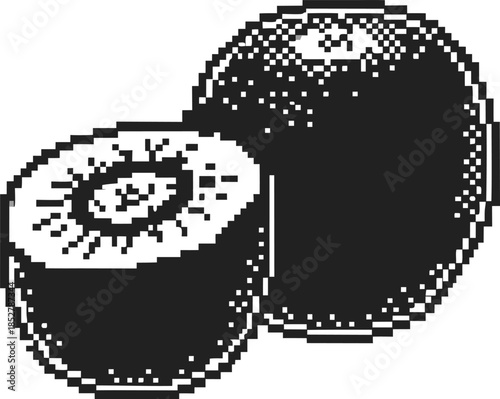 pixel art kiwi fruit illustration halved and whole tropical fruit icon with seeds, simple monochrome minimal graphic design