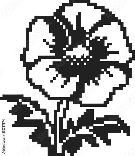 retro pixel poppy flower icon black and white digital blossom illustration, minimalist vintage game floral symbol