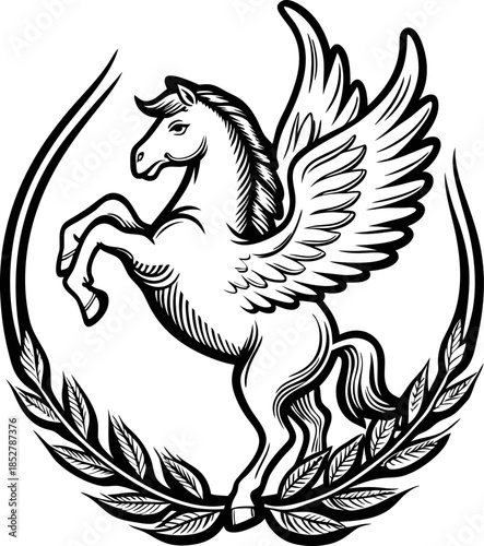 Heraldic winged horse rearing inside laurel wreath mythical pegasus emblem, black and white vintage crest illustration, victory symbol
