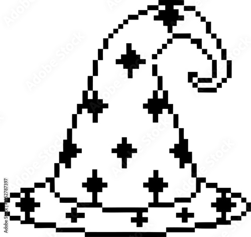 Curved wizard hat with star pattern, black and white pixel art magic accessory for fantasy games and retro digital design